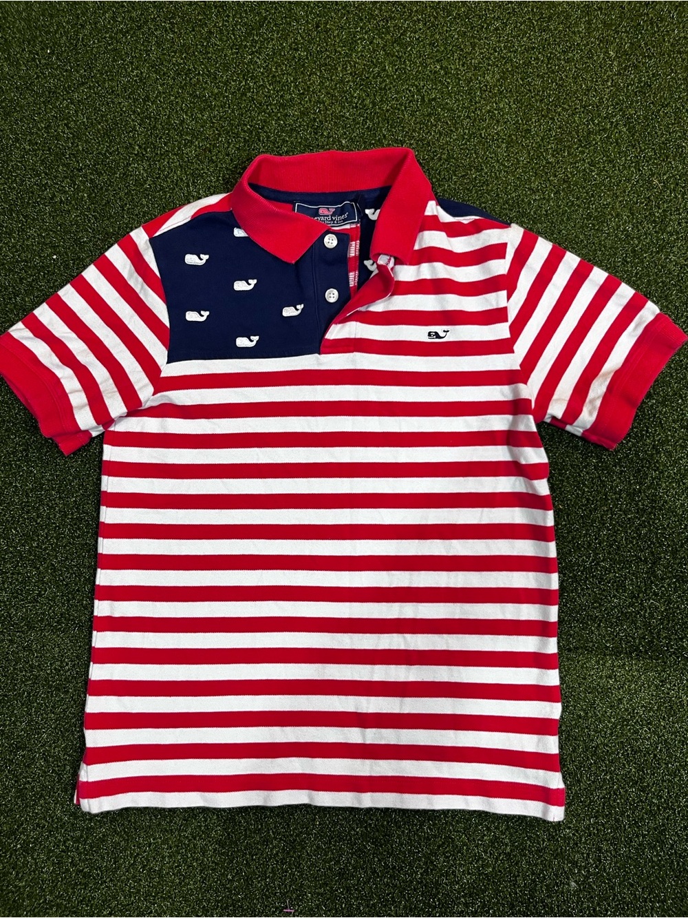 Vineyard Vines Boys Polo Shirt Size Small 8-10 Red White Blue American Flag USA